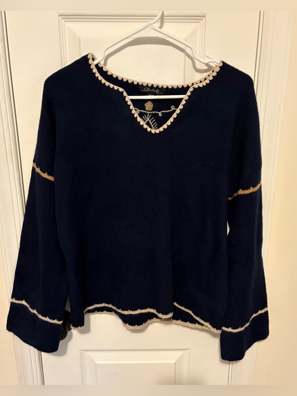 CHARLIE B Navy Sweater with Cream Trim